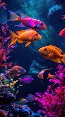 Fototapeta premium Vibrant underwater scene featuring colorful fish in a lush aquarium garden.