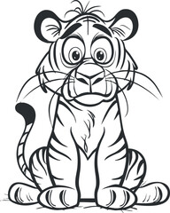 Black and white cartoon illustration of a cute young tiger sitting with big eyes and playful expression