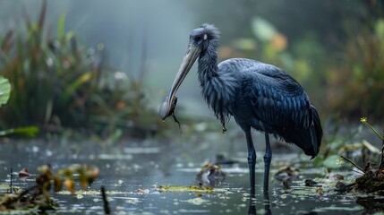 Striking shoebill stork standing motionless in a swamp its piercing eyes locked onto its next prey © Muhammad