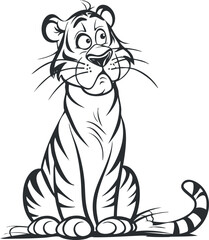 Black and white cartoon illustration of a cute sitting tiger with expressive face and stripes