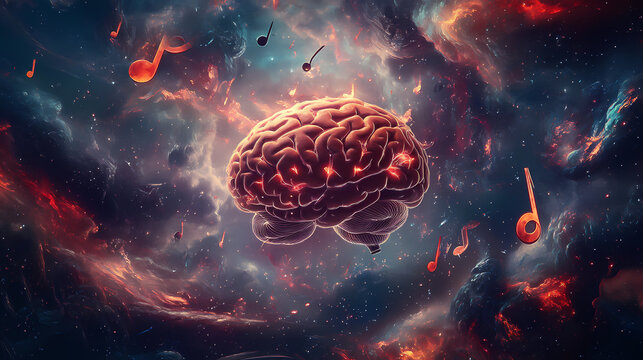 A surrealistic portrayal of the human brain as a cosmic conductor, with synapses firing like musical notes and orchestrating the symphony of cognition. Cognition Chamber. Illustration