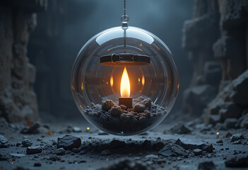 Unique glass hanging lantern illuminating rocky terrain in a dimly lit cavern