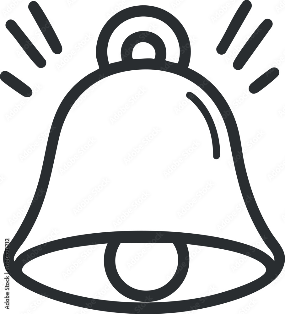 Poster simple black line art icon of a ringing bell with sound lines representing notification or alarm ale