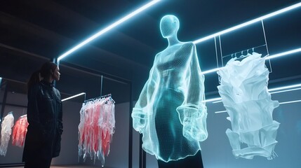 Woman looking at a digital mannequin and clothes in a futuristic clothing store with led lighting