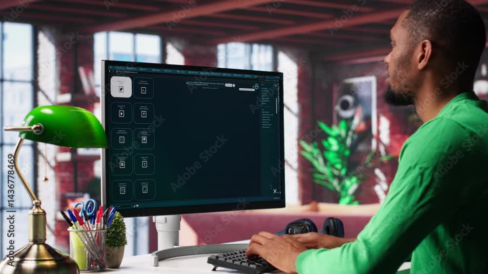Fototapete Black guy using text to image AI chat software at his modern loft. Digital screen shows generative content via neural networks, enhancing predictive models and visualized data. Camera A.