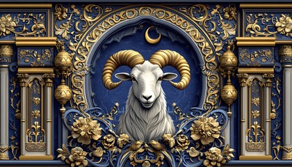 Obraz premium Ornate frame surrounding a regal ram, highlighted by golden details.
