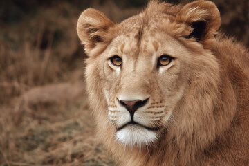Close-up portrait of young male lion with golden mane in natural habitat