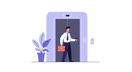 Businessman exiting elevator with briefcase in modern office  