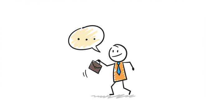 Stick figure man smiling with briefcase against white background  