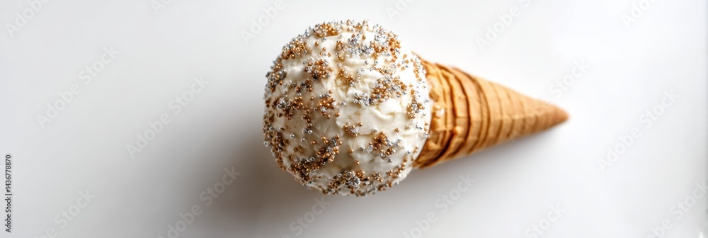 Poster gelato ball in waffle cone topped with sparkles displayed on a white surface