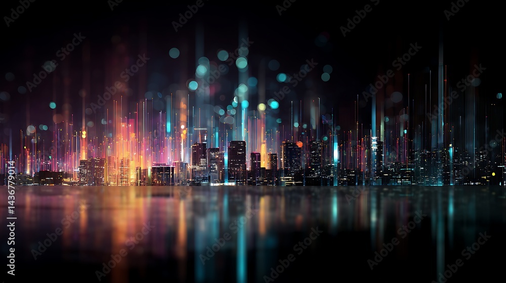 Poster A futuristic city skyline with abstract data visualizations and glowing elements representing technology and analytics