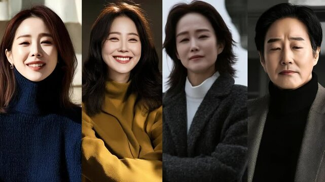 Portraits of Four Individuals Showing Diverse Emotions and Expressions against a Neutral Background in a Studio Setting