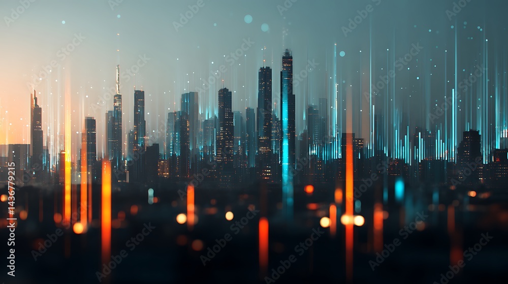 Leinwandbilder A futuristic city skyline with abstract data visualizations and glowing elements representing technology and analytics