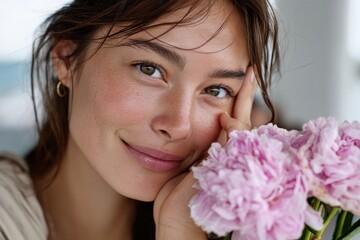 A close-up of a joyful woman smiling softly while holding pink peonies, radiating warmth and beauty, surrounded by a cozy atmosphere of soft light.