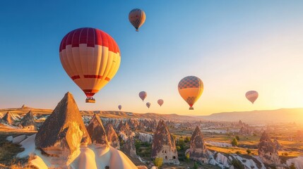 Obraz premium Hot Air Balloons Flying Over Cappadocia Landscape at Sunrise Holiday