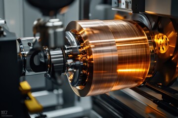 Close-up of a precision machine part, showcasing intricate metallic details and a warm orange glow.