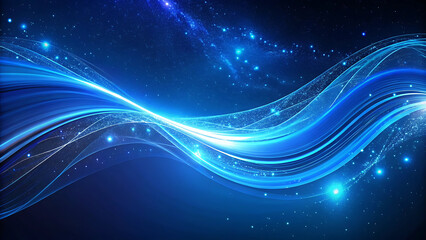 flowing abstract blue wave design with shining stars and glowing light effects, representing elegance, creativity, and futuristic concepts, suitable for technology, business, or artistic visuals
