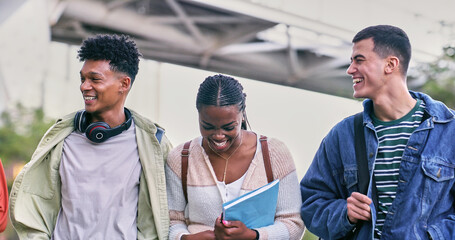 Group, students and walking with friends, happy and diversity for outdoor on campus or university. People, smile and talking for education, development and scholarship for learning, college or school
