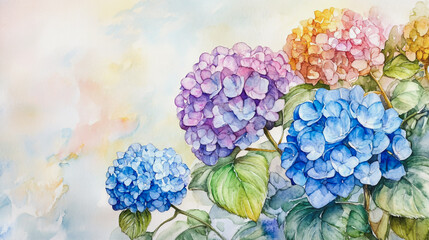 watercolor botanical Hydrangea flowers texture template background.Elegant wedding invitation card background . Minimal hand painted Design for wedding or Valentine's Day
