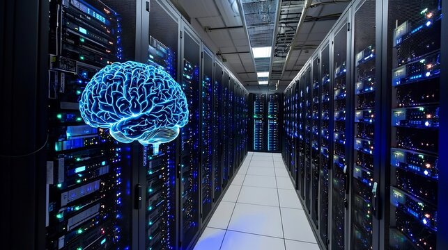 A glowing brain overlayed on a server room filled with rows of servers and a white tiled floor space