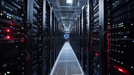 A server room hallway with rows of servers and a glowing brain at the end of the corridor view
