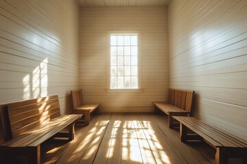 Sunlit interior of small white church with wooden benches