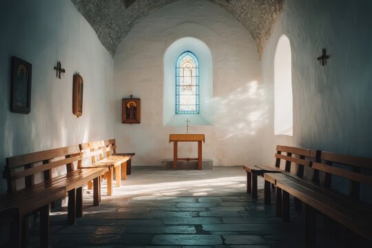 Sunlit interior of small white church with wooden benches
