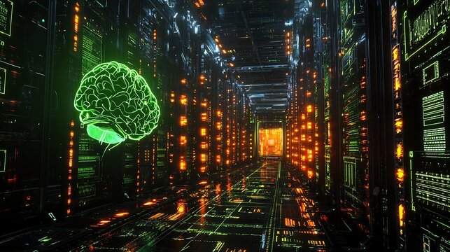A green brain floats in a dark corridor with glowing orange lights and complex circuit board patterns