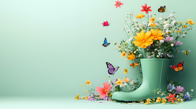 Mint green rubber boot full of colorful spring flowers with butterflies and bees on mint green background with copy space. spring is here concept banner. Conscious Bloom. Illustration