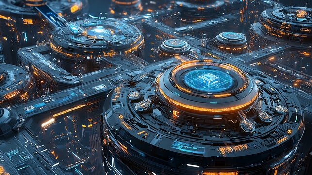 Aerial view of futuristic city with circular platforms and glowing lights in a complex structure