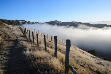 Obraz premium Misty dawn countryside with fence fading into fog