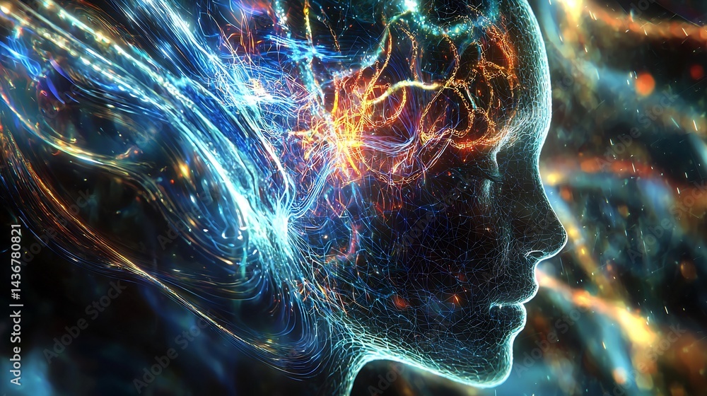 Wall mural abstract digital representation of a human head with glowing neural network connections visible insi