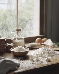 A rustic kitchen scene featuring flour, eggs, and baking essentials on a wooden table.