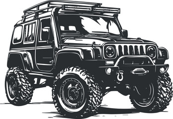 Black and white illustration of a rugged offroad jeep SUV with large tires and roof rack for outdoor adventure © vadymstock