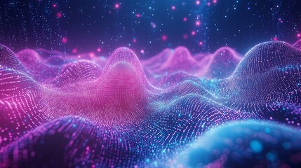 Abstract landscape with glowing pink and blue dots forming undulating hills under a starry sky
