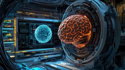 A futuristic machine with a brain inside and a screen displaying a digital representation of a brain