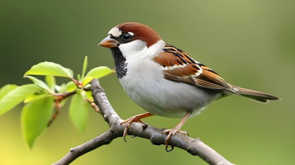 Small Lively Sparrow on Branch Surrounded by Greenery