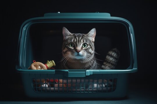 A curious tabby cat with green eyes peeks out from a teal pet carrier, capturing an intriguing moment.