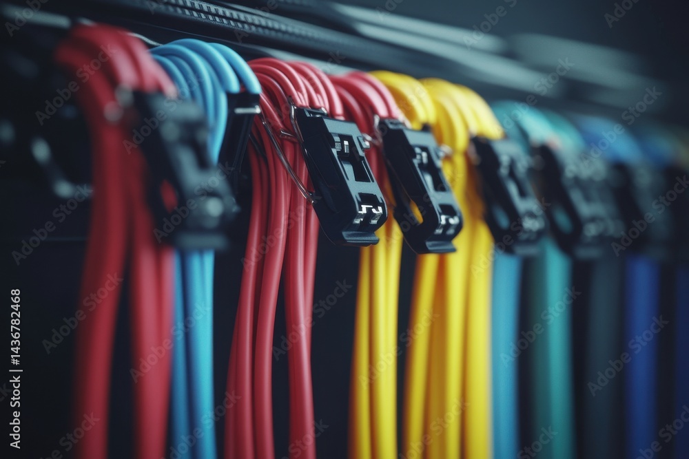 Poster colorful elastic bands in vibrant hues lined up with black clasps, creating a striking visual displa