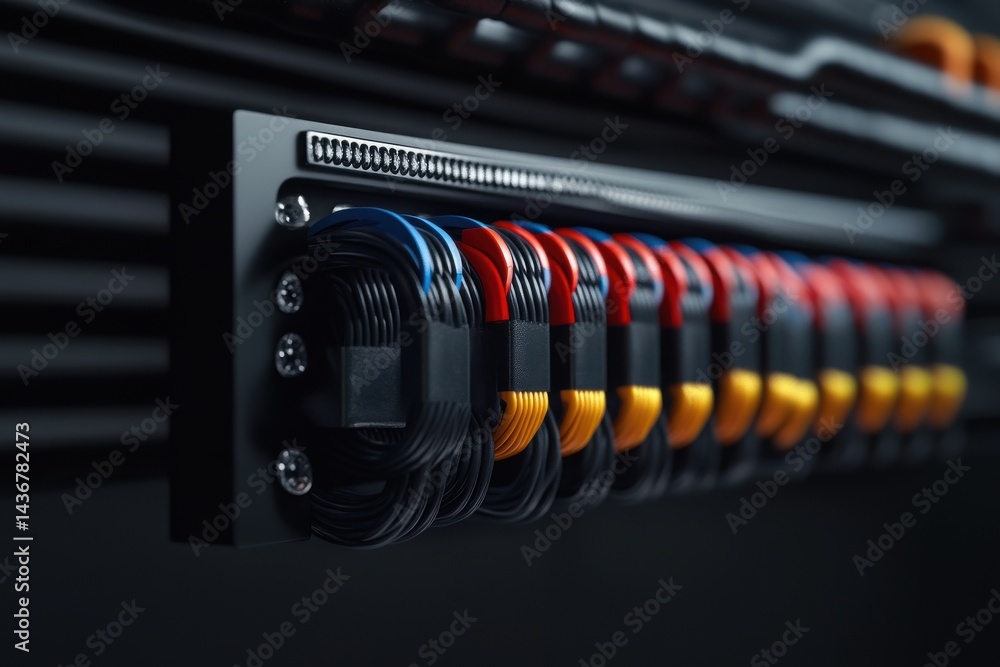 Poster close-up of neatly organized multicolored cables in a professional networking setup.