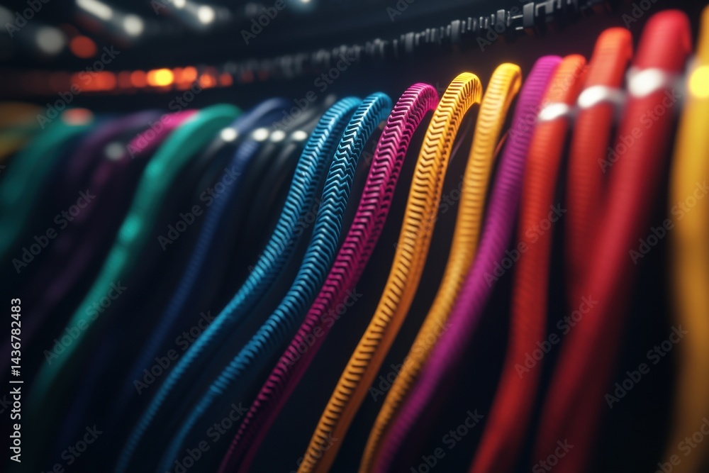 Poster a vibrant display of colorful cables arranged in a gradient, showcasing an array of hues and texture