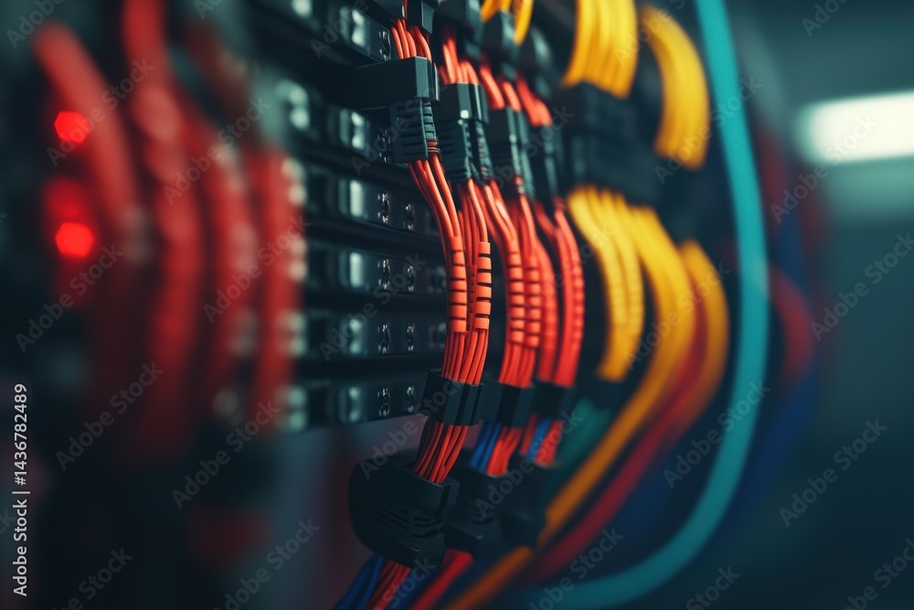 Poster colorful network cables in a server rack, showcasing a dynamic and organized tech environment.