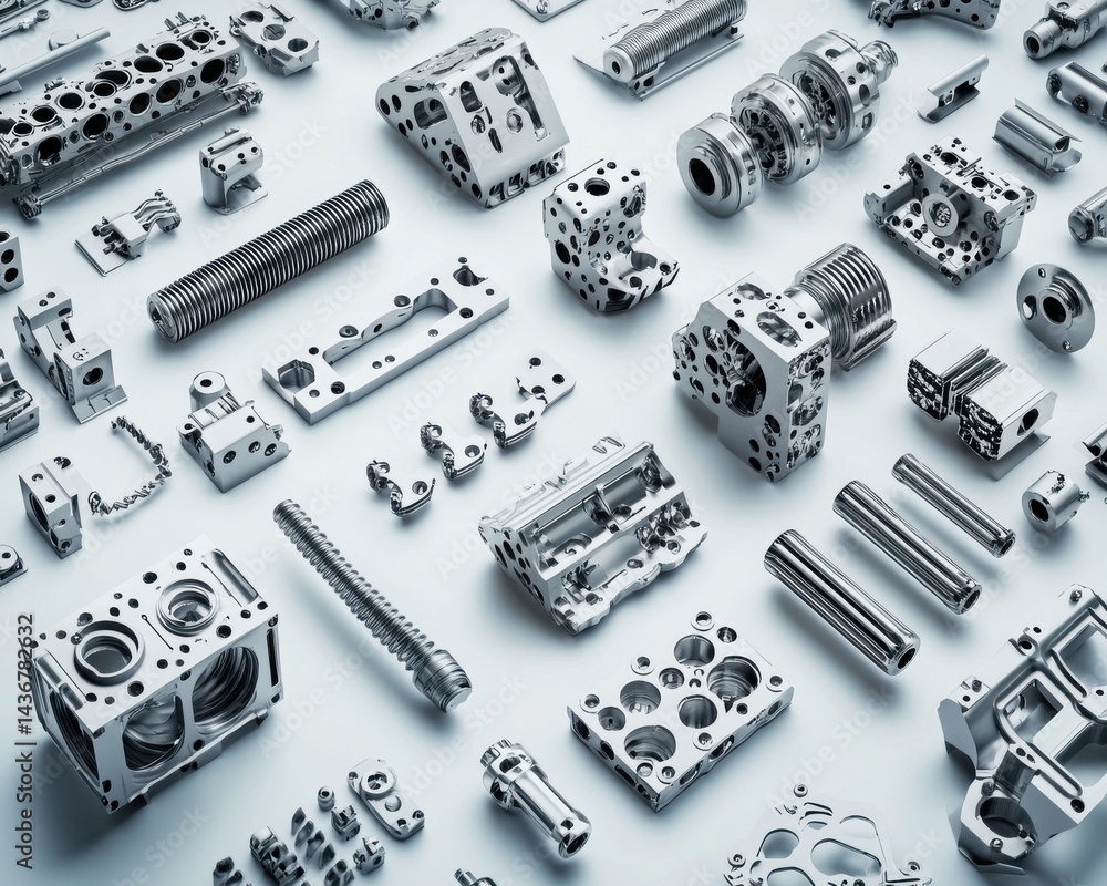 Poster an assortment of intricately designed metallic machine components showcasing precision engineering.