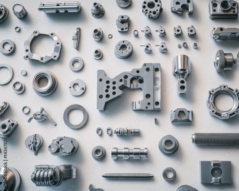 Poster A collection of intricate metallic machine parts on a light surface, showcasing precision engineering.