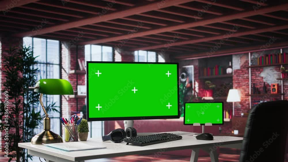 Poster statement interior with clean desk and chroma key screen running on monitor. spacious trendy apartme
