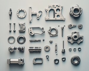 A collection of intricate metal mechanical parts arranged neatly on a light grey background.