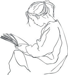 Line art drawing of a young girl reading a book sitting in profile, symbolizing education and learning