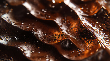 Abstract surface with wet, wavy texture, featuring dark brown hues and scattered water droplets.
