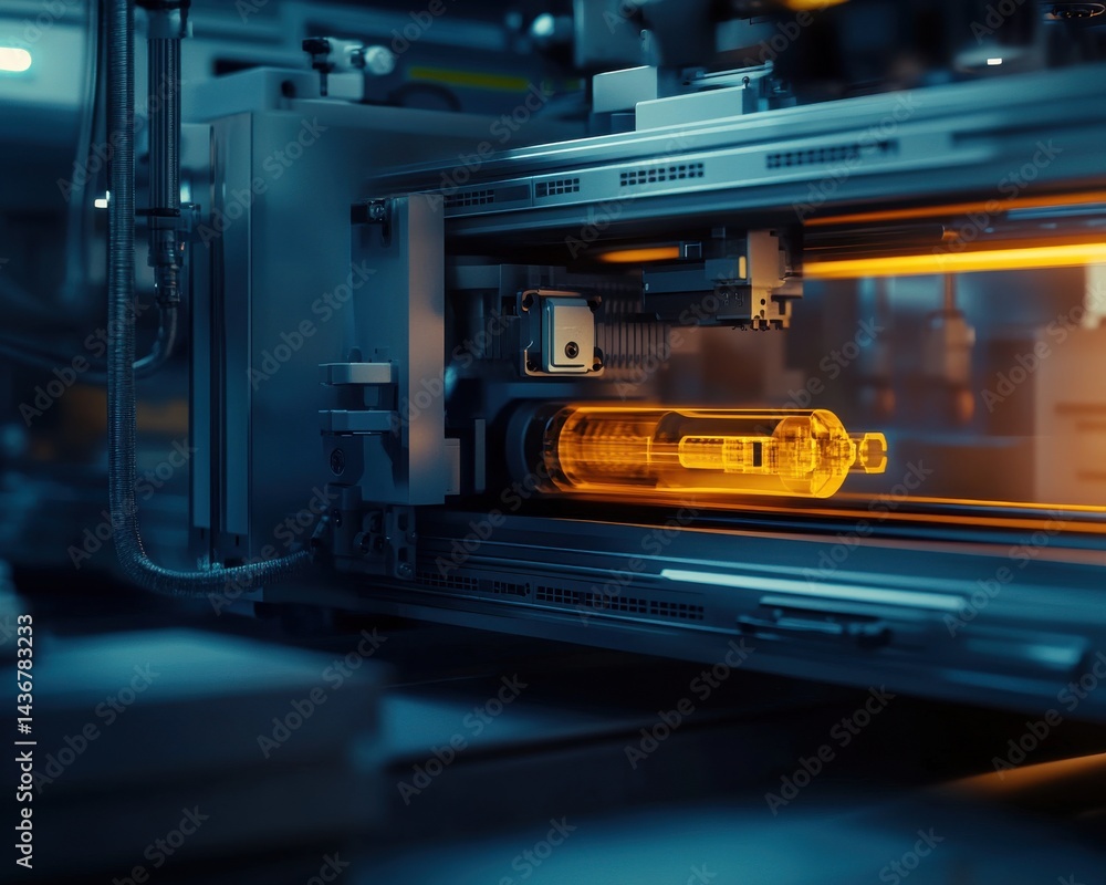 Aufkleber close-up of a high-tech industrial machine with glowing components and advanced machinery, creating 