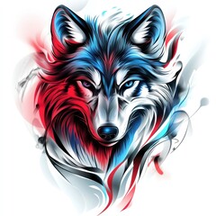 Naklejka premium Fierce wolf portrait, red blue abstract background, artistic design, tattoo concept